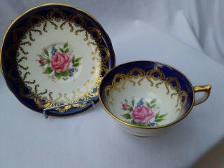 Aynsley Cobalt Blue Gold Chintz Pink Rose Bottom Tea Cup And Saucer