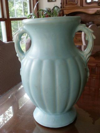 Vintage 1940s Mccoy Art Pottery Large 12 " Matte Turquoise Double Handle Vase