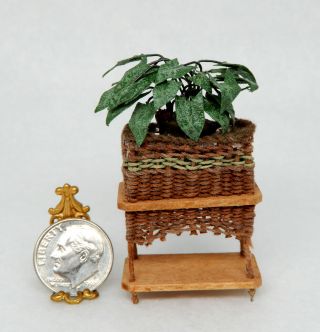 Vintage Wicker Plant Stand Artisan Dollhouse Miniature 1/2 Scale