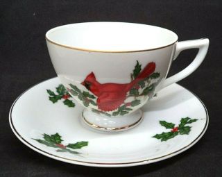 Set Of 6 Vintage Lefton China Tea Cup & Saucer,  Cardinal & Holly,  Mib