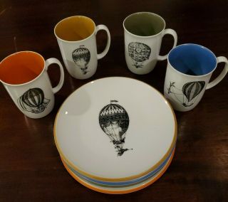 Neiman Marcus Fornasetti Inspired Hot Air Balloon Full 8 Pc Set 4 Cups 4 Plates