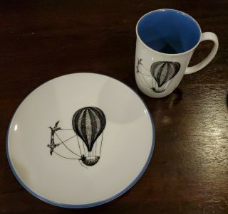 Neiman Marcus Fornasetti Inspired Hot Air Balloon Full 8 pc Set 4 Cups 4 Plates 3