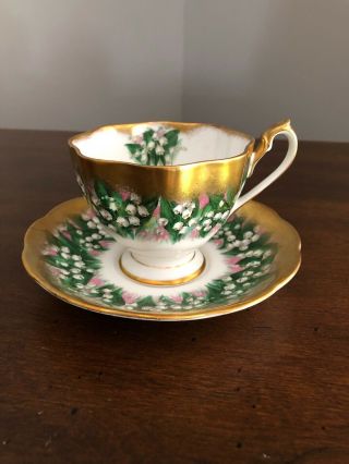 Queen Anne Tea Cup Saucer Heavy Gold Lily Of Valley Floral Hand Painted
