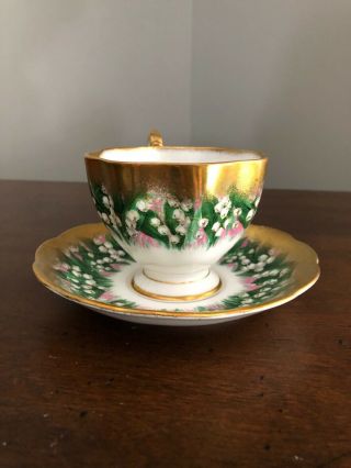 Queen Anne Tea Cup Saucer Heavy Gold LILY OF VALLEY Floral Hand Painted 2