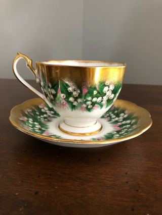 Queen Anne Tea Cup Saucer Heavy Gold LILY OF VALLEY Floral Hand Painted 3