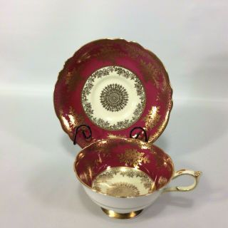 Paragon Double Warrant Tea Cup And Saucer Wide Mouth Heavy Gold Burgundy