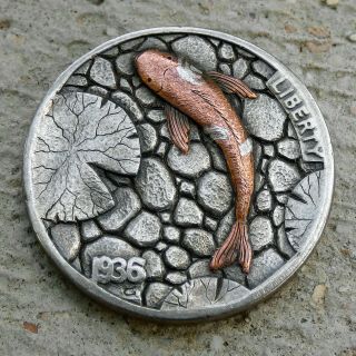 Hobo Nickel Koi Against The Current Hand Engraved 1936 Buffalo Coin With Copper