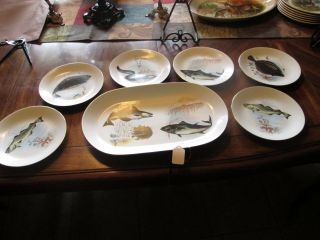 Vintage Kahla 7 Piece Porcelain Fish Set,  6 Lunch Plates & Oval Platter 1950 