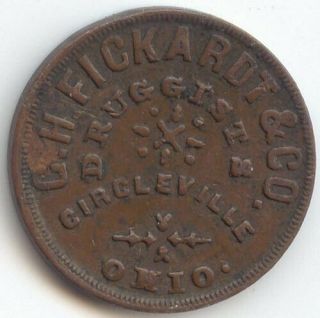 1863 Civil War Token,  G.  H.  Fickardt & Co. ,  Druggists,  Circleville,  Oh,  Ohio