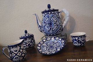 Hand Painted Blue Pottery Tea Set For Six People,  Multani Blue Pottery
