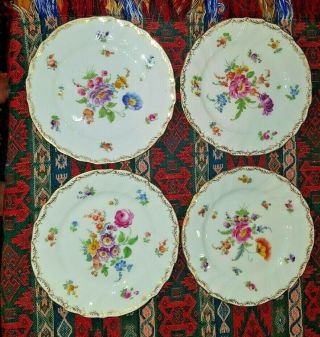 4pc Richard Klemm Dresden Porcelain Hand Painted Floral Plates Fluted Rims 7 "