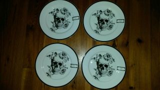 Ciroa Wicked Floral Black Roses Skull 10 1/4 " Dinner Plates Halloween Set Of 4