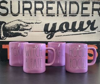 Rae Dunn Set Of 4 Purple Halloween Mugs.  Witch Please,  Hocus Pocus,  Toxic,  Magic
