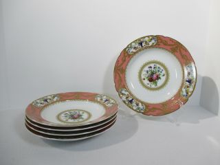 Andrea Sadek Sevres Peach Rimmed Soup Bowl Porcelain Flowers Victorian Set Of 5
