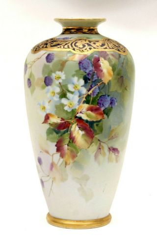 Large 12 " Nippon Hand Painted Blackberry Vase With Gold Decoration