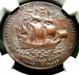 1909 Top 4 Hk - 384 Ngc Ms 64bn Hudson - Fulton Dollar R5 Chester Beach Medal Brze