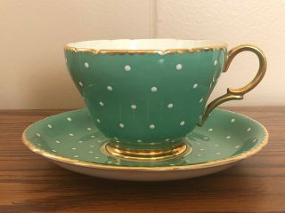 Vintage Shelley Polka Dot Teacup & Saucer Green & White English Bone China 13574