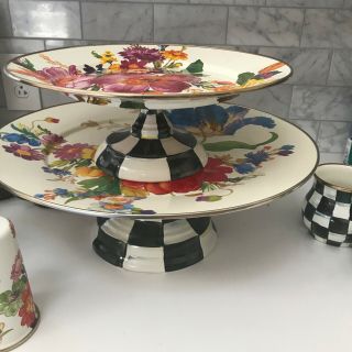Mackenzie - Childs Courtly Check Footed Flower Market Cake Stand 16” Huge