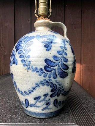 Large Rowe Pottery Stoneware Salt - Glazed Blue 1.  5 Gallon Jug Lamp Crock Folk Art