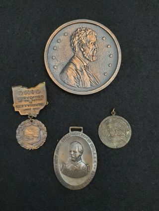 4 Antique Bronze Medal Medallions Gettysburg Survivor,  Lincoln,  Sherman Etc