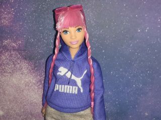 Ooak Curvy Princess Adventure Barbie Doll Pink Hair Remix Puma Sweatshirt Outfit