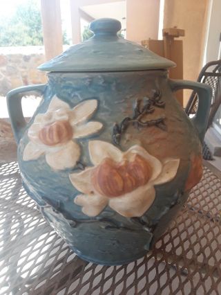 Roseville Art Pottery No.  2 8 " Magnolia Cookie Jar Green W/lid 2 - Handle Pot