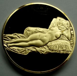 Spain,  The Nude Maja Goya C.  1807 Bu Proof Medal 51mm 80g 24kt Gold Plated Bronze
