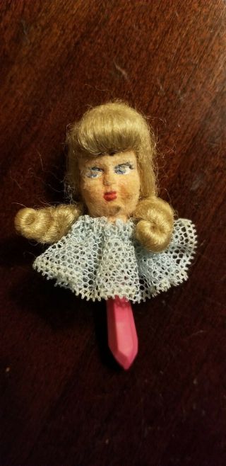 Vintage Adorable Miniature Doll Toy Baby Rattle Toy Hand Painted Girl W/ Braids
