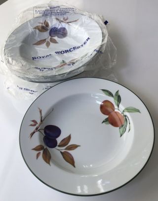 Set of 4 Royal Worcester EVESHAM VALE Large Rimmed Soup Bowls,  9.  75” x 1.  5” 2