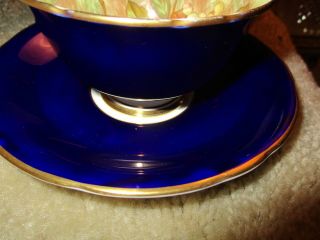 AYNSLEY COBALT FRUIT FOOTED CUP & SAUCER FINE ENGLISH BONE CHINA SIGNED D.  JONES 2