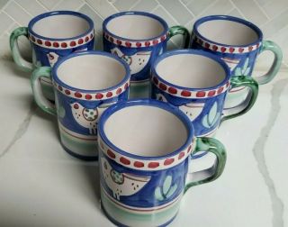 Vietri Campagna Blue Chicken Solimene Made In Italy Mugs Set Of 6 Please Read