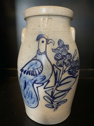 Rowe Pottery Aarfac Large Salt Glaze Stoneware Churn Crock Blue Bird Flowers