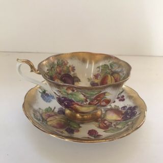 Royal Albert Bone China Gold Orchard Fruits Footed Teacup & Saucer Cond