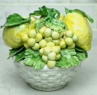 Italian Majolica Lemon & Grape Cluster Fruit Basket Centerpiece Bowl 9.  5 "