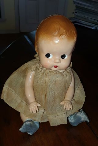 Vintage Hard Plastic Side Glance Baby Doll In Vintage Dress Diaper & Booties