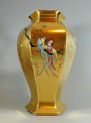 Bernardaud B&c Limoges France Deco 6 Sided Gold Vase With Colorful Parrots Birds