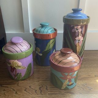 Signed Droll Designs Tall Hand Painted Canister Set 4 Floral Iris Container Lid