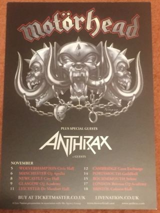 Motorhead - Anthrax Promo Uk Tour Flyer Nov 2012 - Ace Of Spades