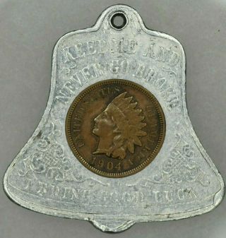 1904 Encased Indian Head Cent Penny Token Worlds Fair St.  Louis Mo Bell Shaped