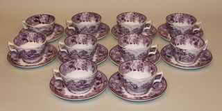 8 Enoch Wood & Son English Scenery Purple Flat Teacups Tea Cups And Saucers