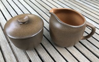 Vintage Heath Ceramics Brown/pumpkin Creamer & Sugar Bowl With Lid - Mcm