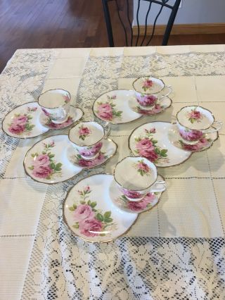 Royal Albert American Beauty Fine China Tennis Or Snack Set With Teacup Set Of 5