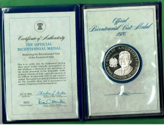 1976 Official Bicentennial Visit Of Italy Silver Proof Medal Franklin