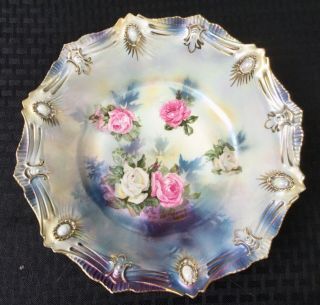 Rs Prussia 10 1/2” Ribbon & Jewel Mold W/ Satin Finish Rose & Opal Decoration