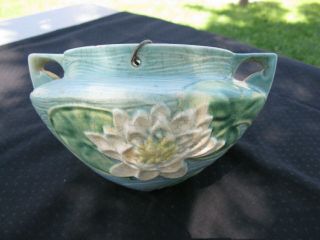 Vintage Roseville Pottery Water Lily Green Hanging Planter White Flowers