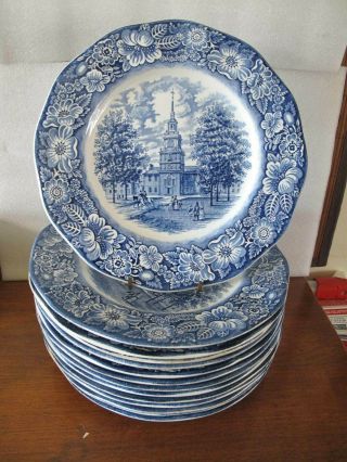 Set Of 12 Liberty Blue Dinner Plates England Vintage Staffordshire Ironstone