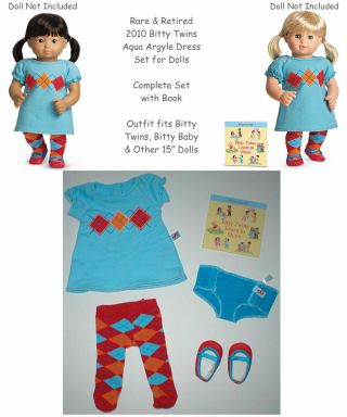 Rare American Girl Bitty Twins Argyle Set For 15 " Dolls Aqua Dress Outfit Set