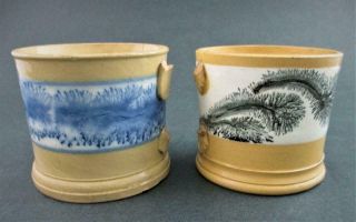 Pair - Seaweed Mochaware Yellow Ware Mugs - For Restoration  No Handles