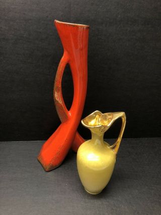 Mid Century Modern Atomic Age Ceramic Vase Orange Gold & 22k Vase