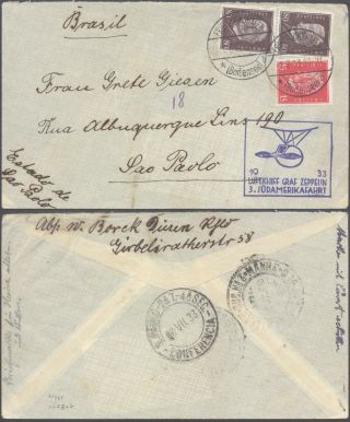 Germany 1933 - Zeppelin Flight Air Mail Cover To Brazil V13/6